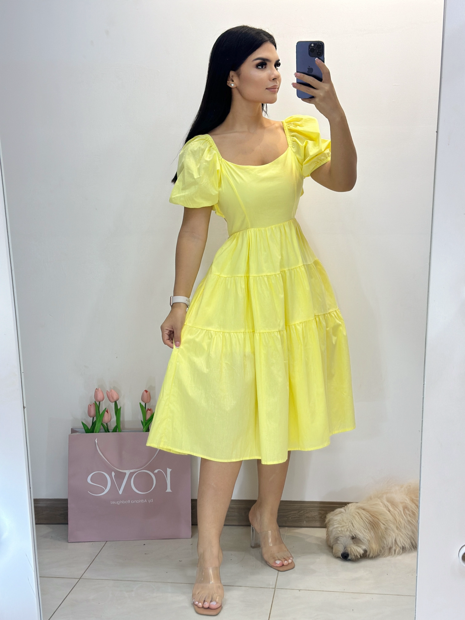 Vestido midi con abertura en espalda - Amarillo - Talla S